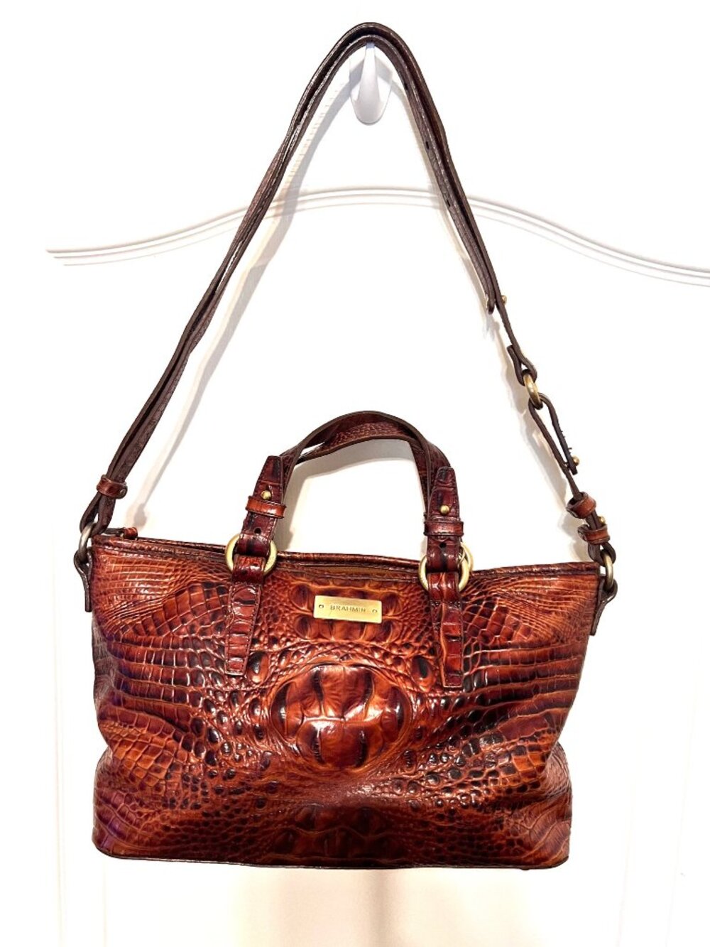 Brahmin Brown Pecan Crocodile Embossed Leather Tote/Shoulder Bag/Purse-Gold